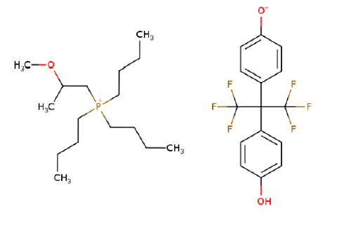 Strukturformel von Tributyl(2-methoxypropyl)-Phosphoniumsalz mit 4,4'-[2,2,2-trifluor-1-(trifluormethyl)ethyliden]bis[phenol] (1:1)