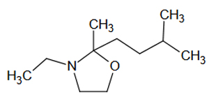 Strukturformel von 3-Ethyl-2-methyl-2-(3-methylbutyl)-1,3-oxazolidin