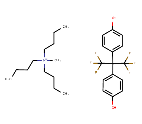 Strukturformel von N,N-dibutyl-N-methylbutan-1-aminium 4-[1,1,1,3,3,3-hexafluor-2-(4-hydroxyphenyl)propan-2-yl]phenolate