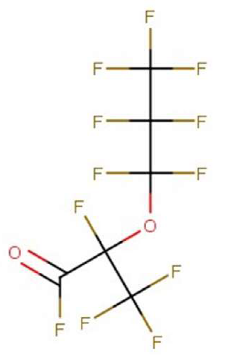 Strukturformel von 2,3,3,3-Tetrafluor-2-(heptafluorpropoxy)propionylfluorid (CAS-Nr. 2062-98-8)