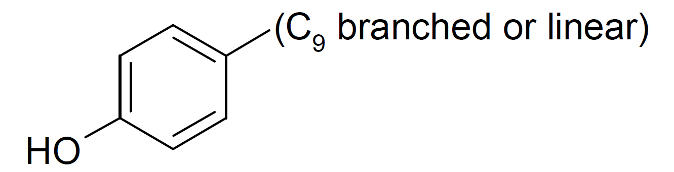 Strukturformel von 4-Nonylphenol, verzweigt und linear