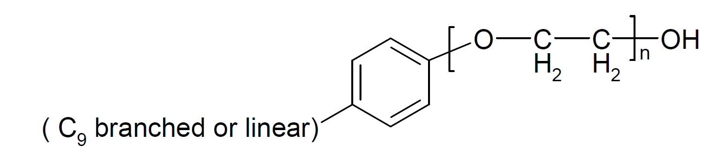 Strukturformel von 4-Nonylphenol, verzweigt und linear, ethoxyliert
