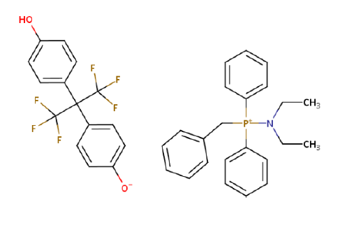Strukturformel von Benzyl(diethylamino)diphenylphosphonium 4-[1,1,1,3,3,3-hexafluor-2-(4-hydroxyphenyl)propan-2-yl]phenolat