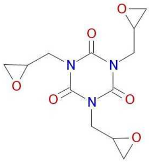 Strukturformel von 1,3,5-Tris(oxiran-2-ylmethyl)-1,3,5-triazinan-2,4,6-trion (TGIC)