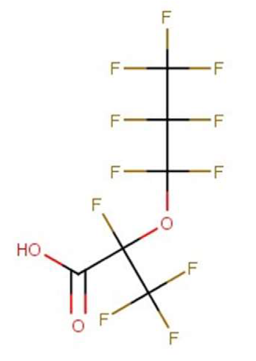 Strukturformel von 2,3,3,3-Tetrafluor-2-(hepta fluorpropxy)propionsäure (CAS-Nr. 13252-13-6)